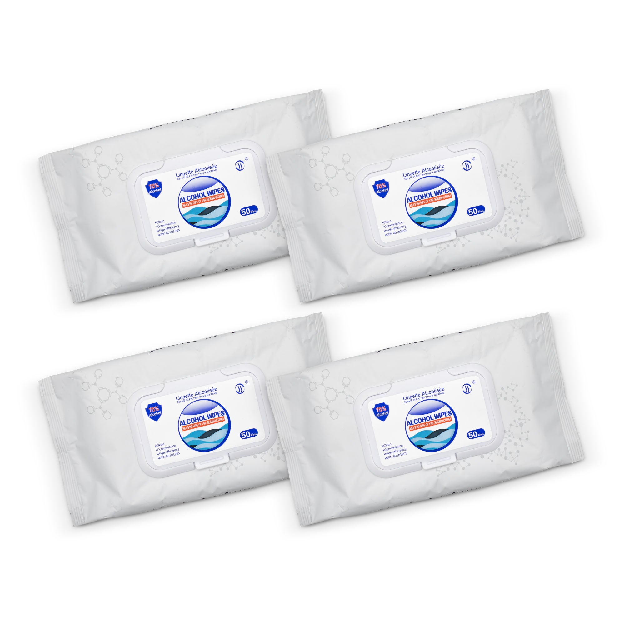 JJ Alcohol Wipes, 75% Alcohol - 4 Pack